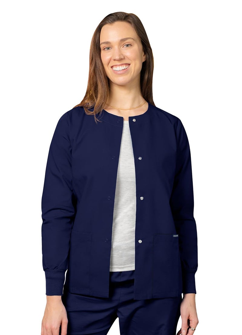 Adar Uniforms Women's Universal Round Neck Warm-Up Scrub Jacket - 602 - Navy - M - Image 1